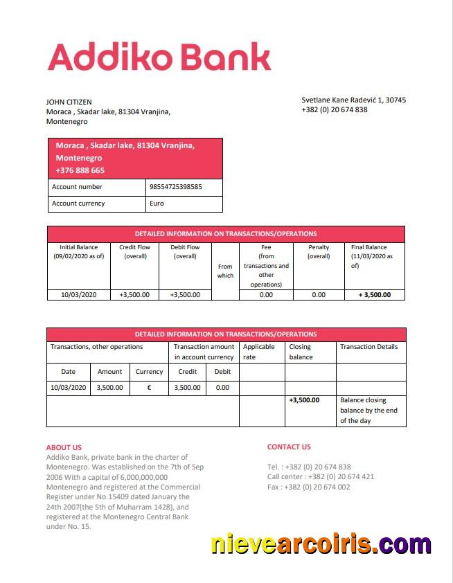 Montenegro Addiko Bank statement